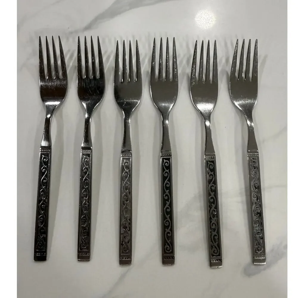 VINTAGE Oneida Spanish Court Salad Forks Set of 6 Stainless Black Scroll MCM